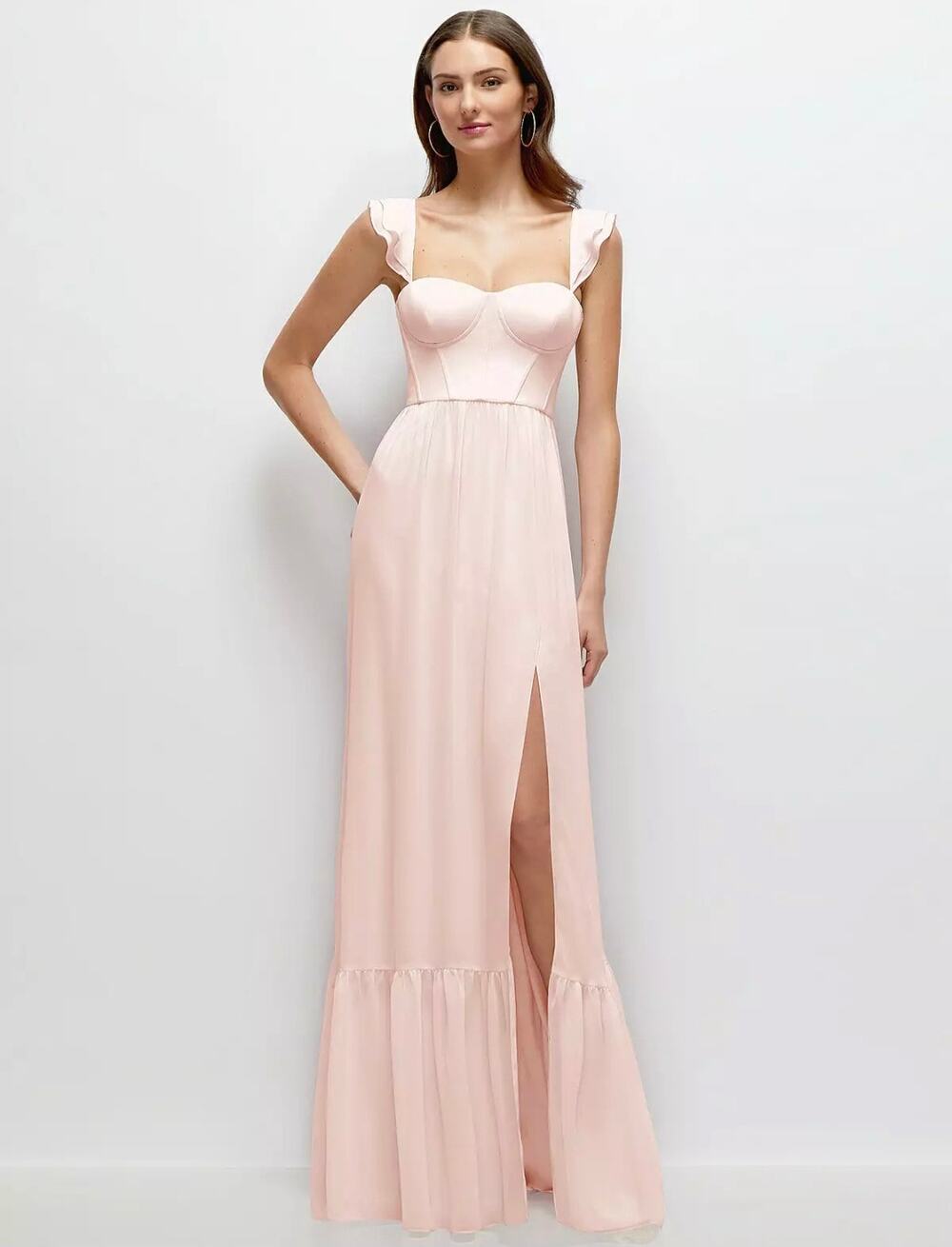 Dessy Collection Blush Pink Ruffle Strap Bustier Maxi Dress 14 NWT
